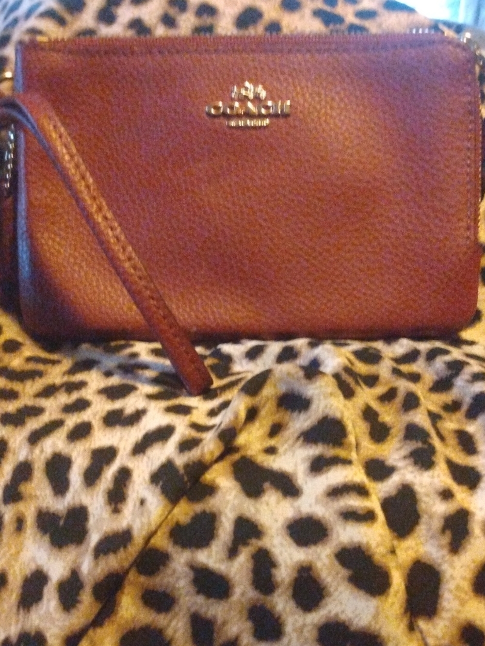 Coach Pebbled Leather Wristlet in Chestnut Brown with Gold Logo